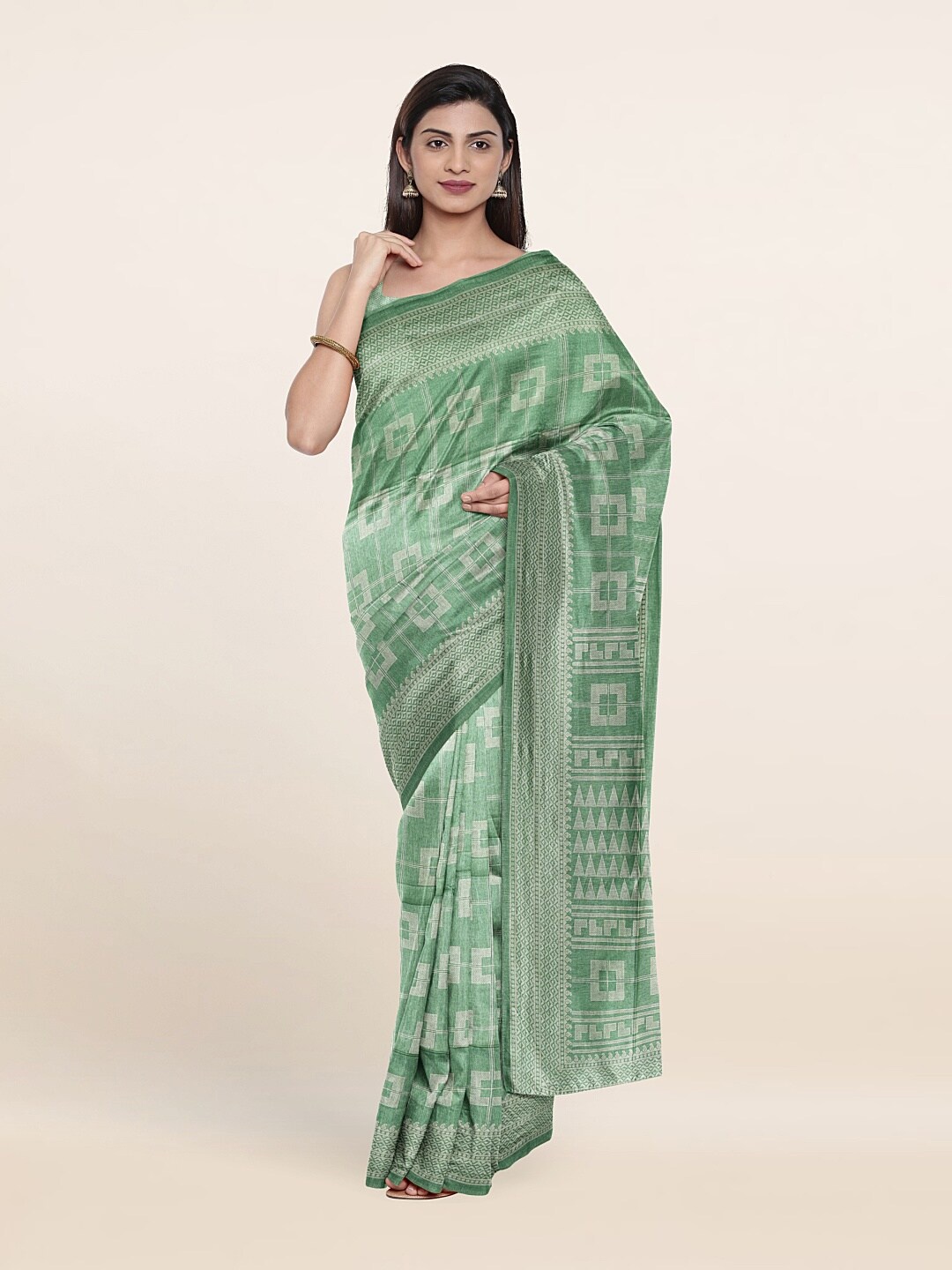

Pothys Green & White Geometric Printed Saree