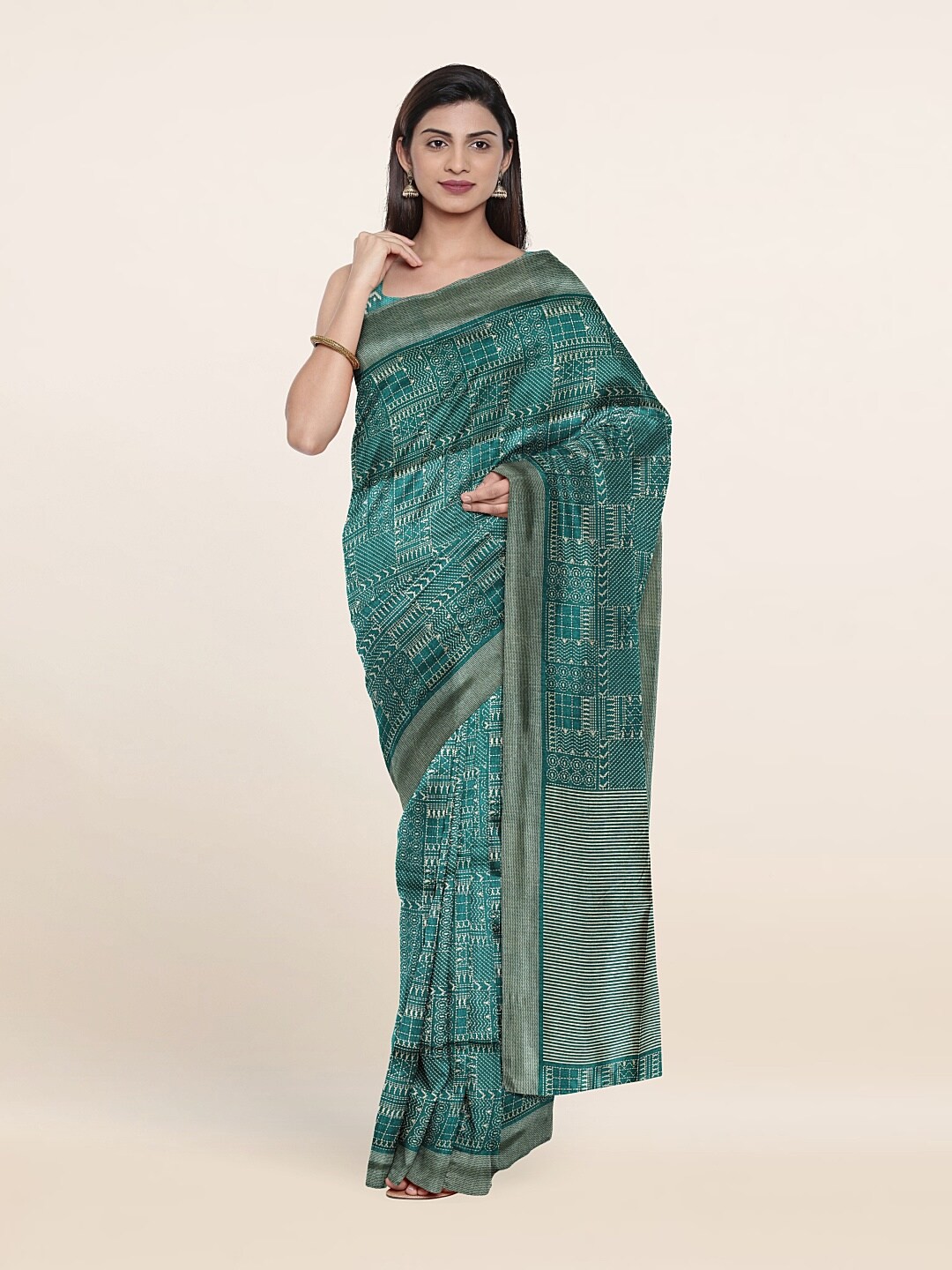 

Pothys Green & Cream-Coloured Printed Saree