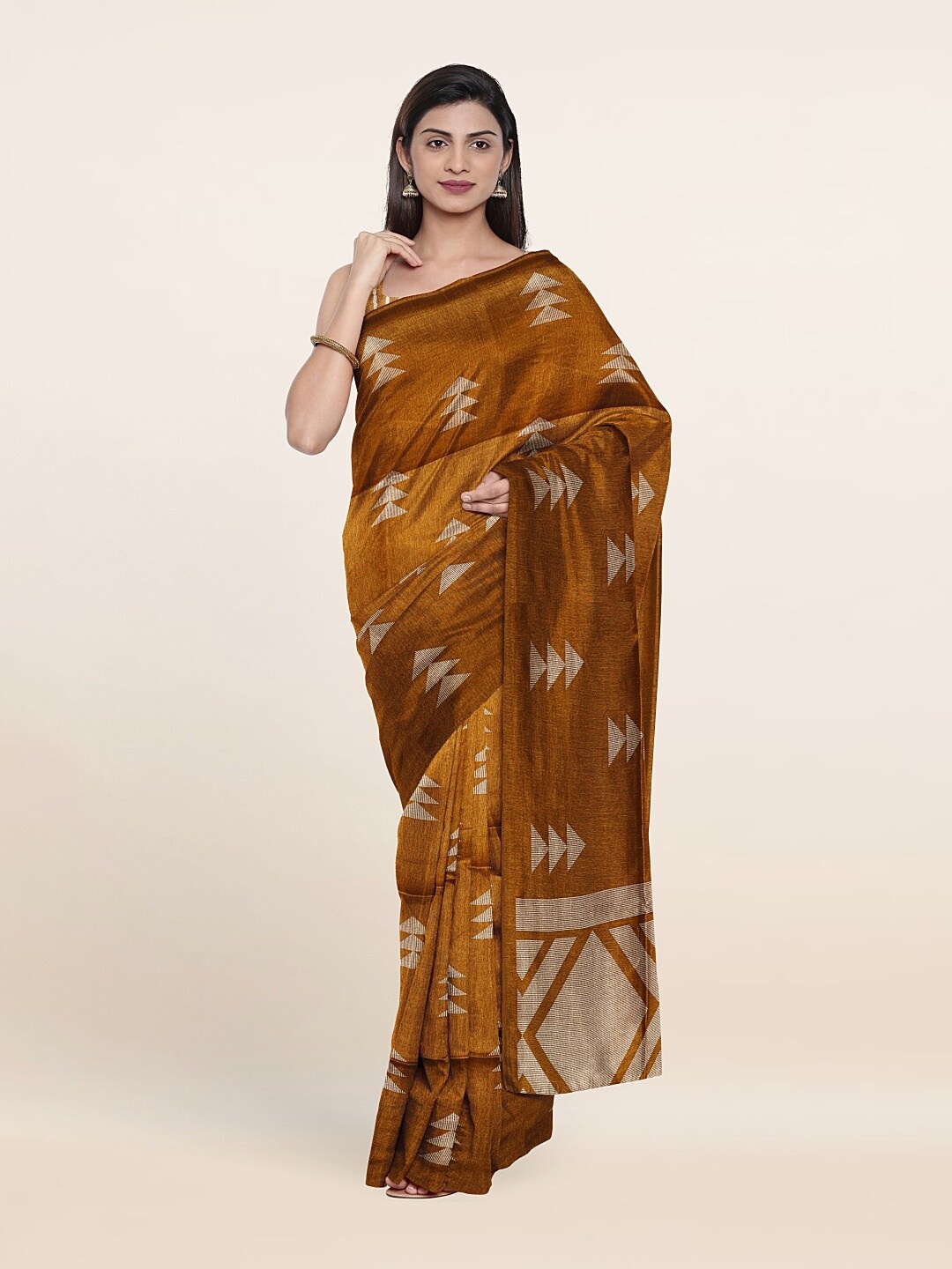 

Pothys Brown & Gold-Toned Geometric Printed Saree