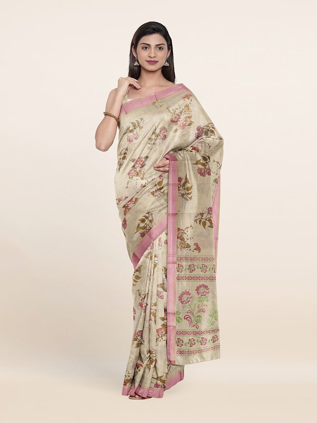 

Pothys Cream-Coloured & Brown Floral Pure Cotton Saree