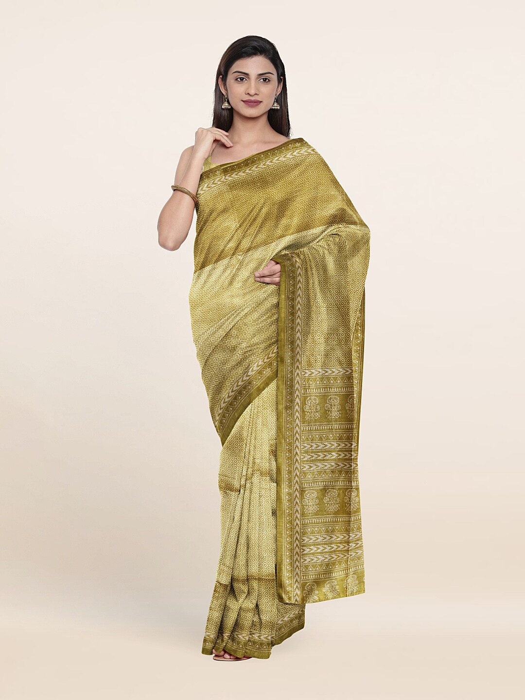 

Pothys Green & Gold-Toned Geometric Printed Saree