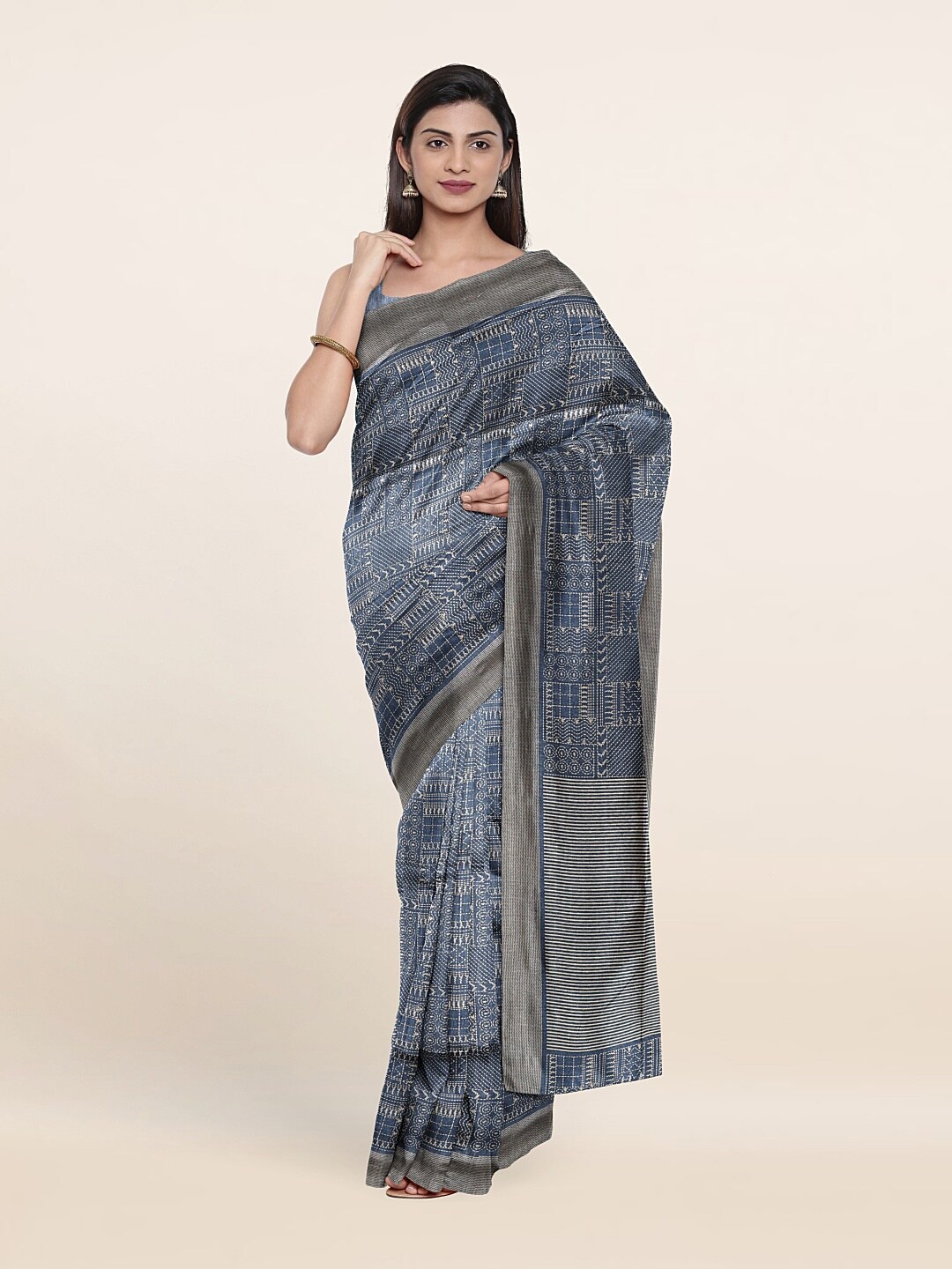 

Pothys Blue & Grey Geometric Printed Saree