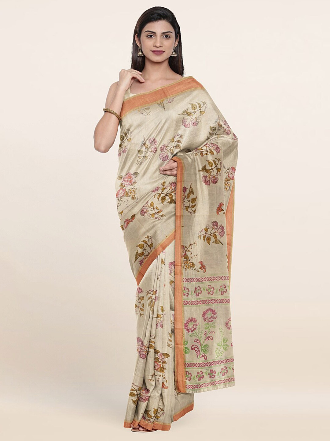 

Pothys Cream-Coloured & Pink Floral Pure Cotton Saree