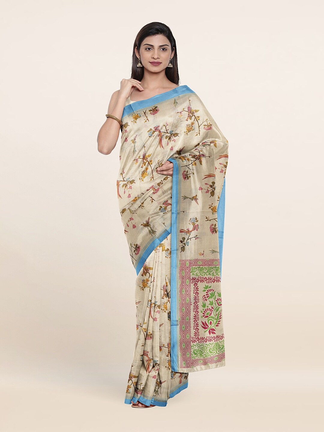 

Pothys Cream-Coloured & Pink Floral Pure Cotton Saree