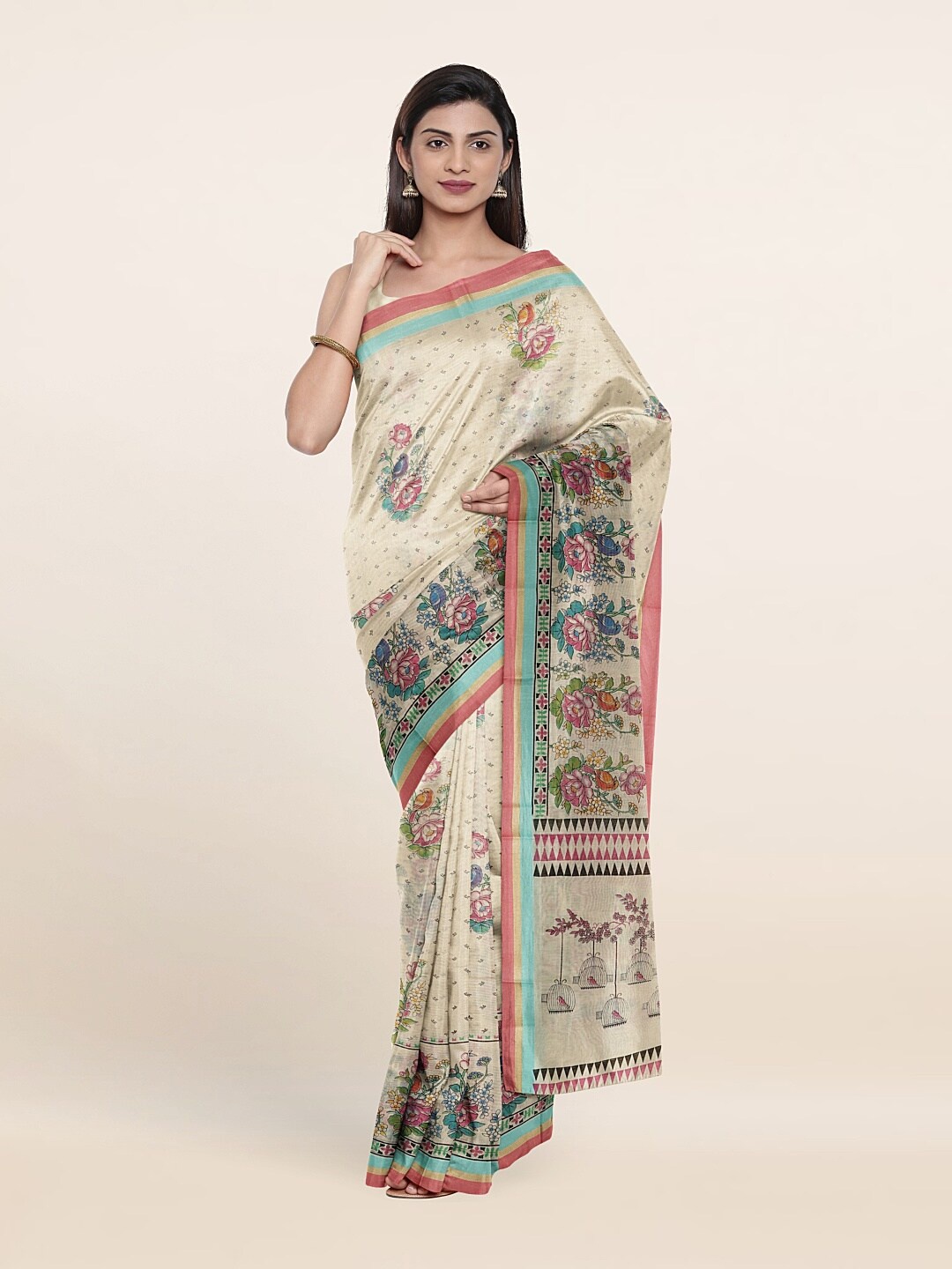 

Pothys Cream-Coloured & Blue Floral Pure Cotton Saree