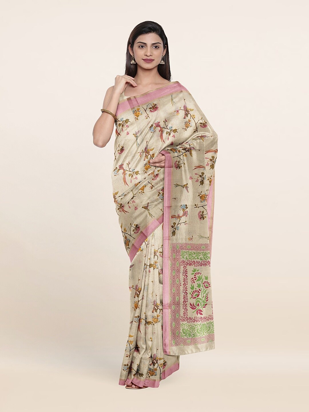 

Pothys Cream-Coloured & Pink Floral Pure Cotton Saree