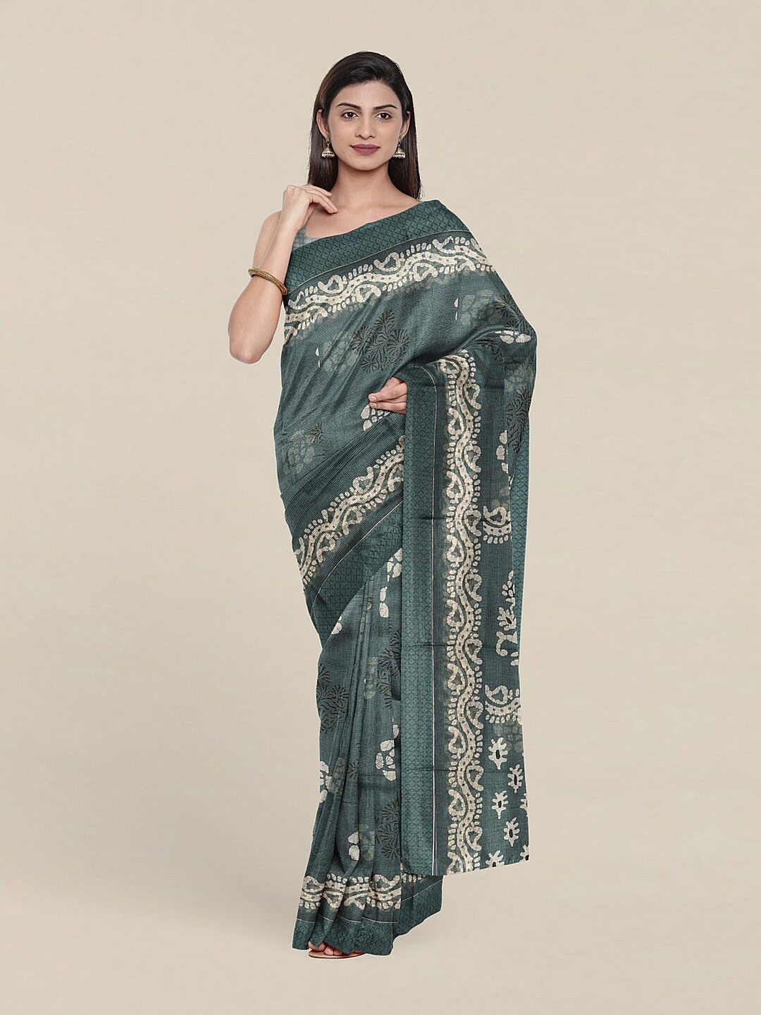 

Pothys Green & Cream-Coloured Floral Saree
