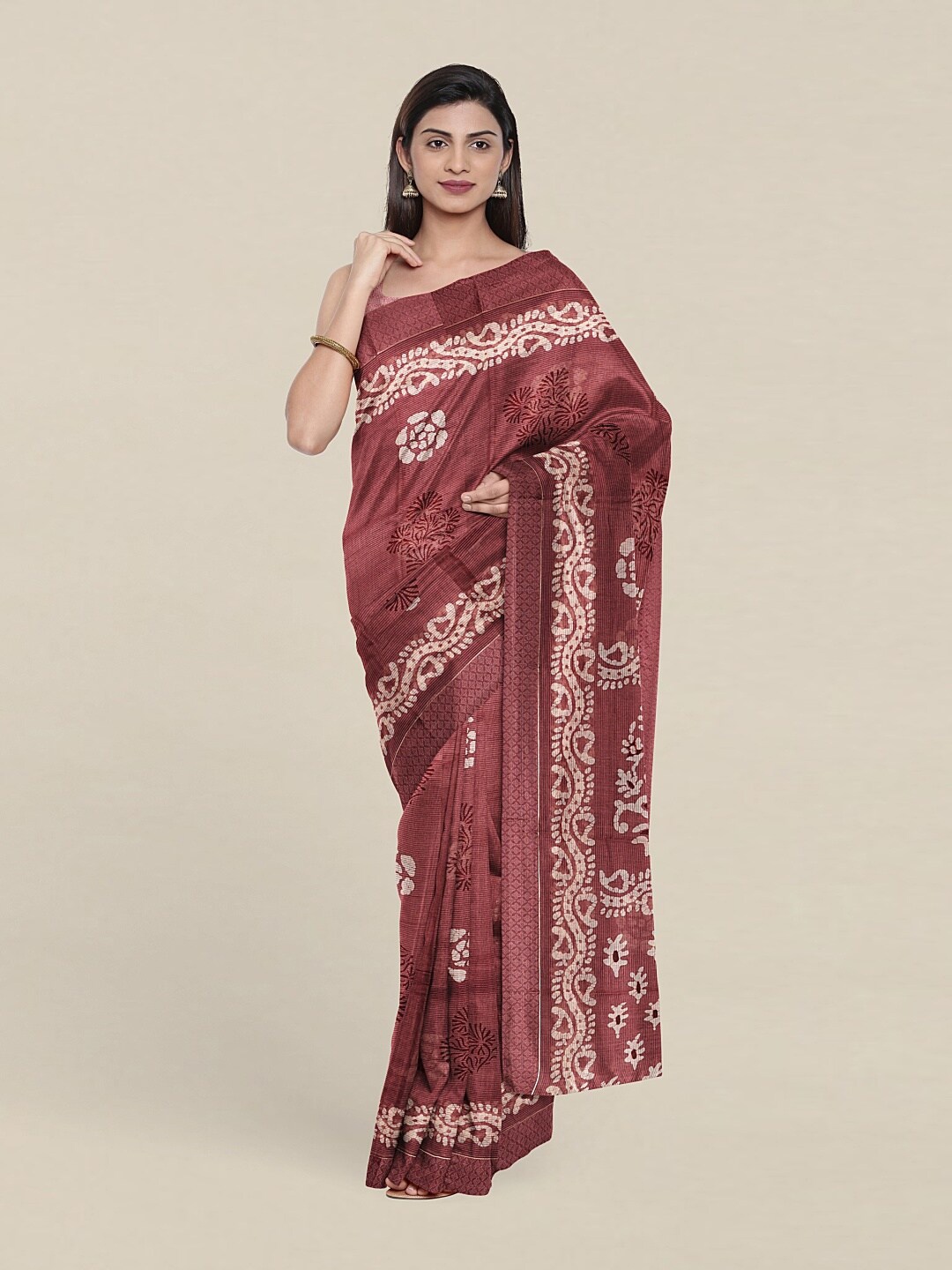 

Pothys Mauve & Cream-Coloured Floral Saree