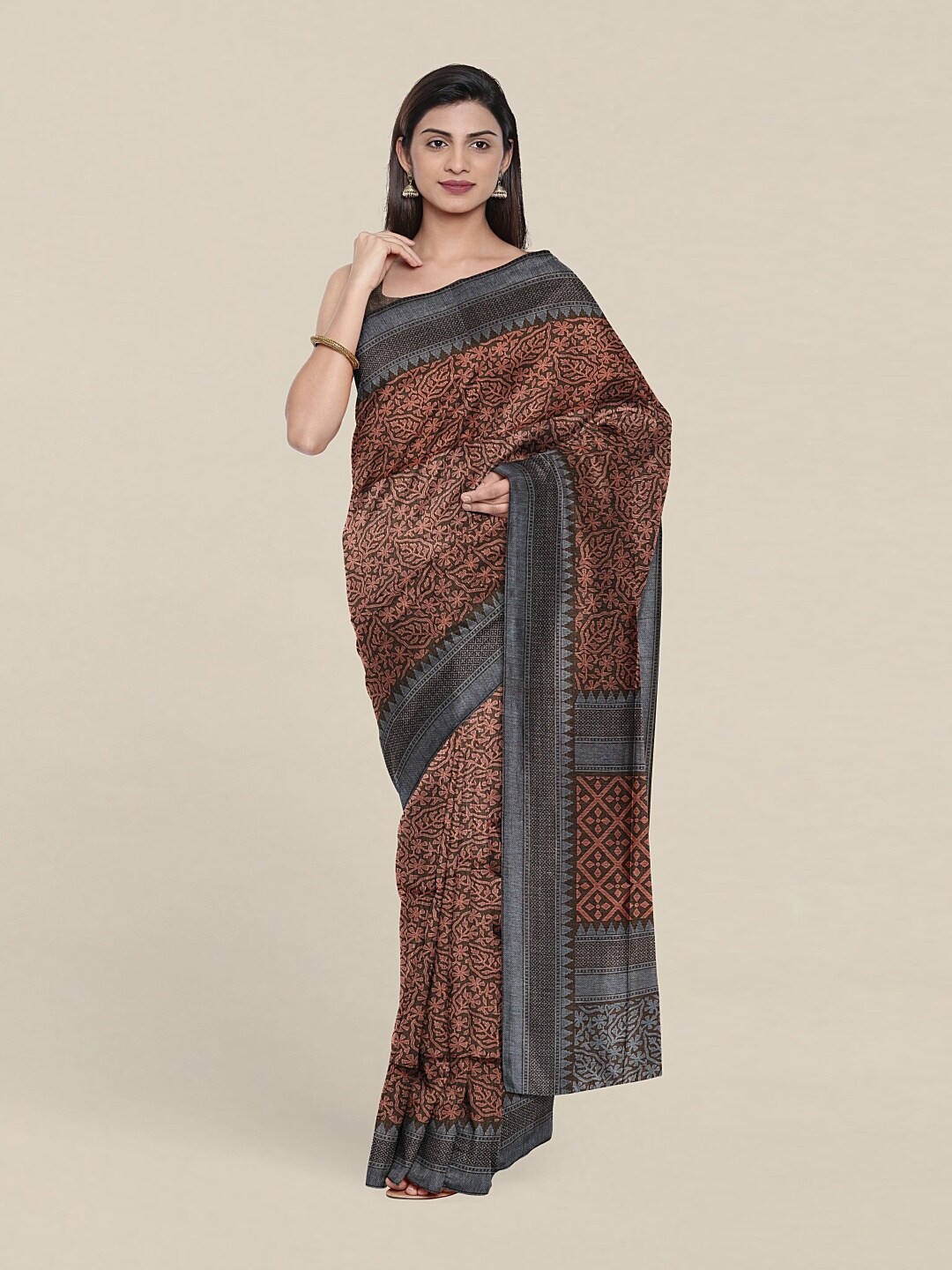 

Pothys Grey & Rust Floral Printed Saree
