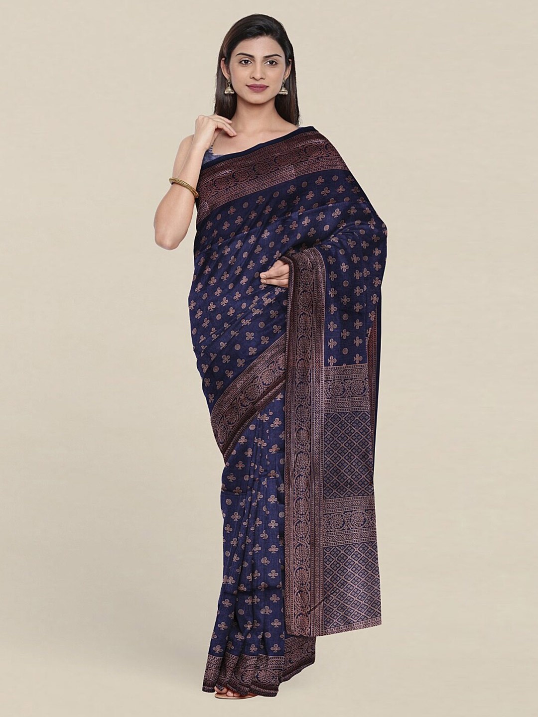 

Pothys Navy Blue & Brown Floral Printed Saree