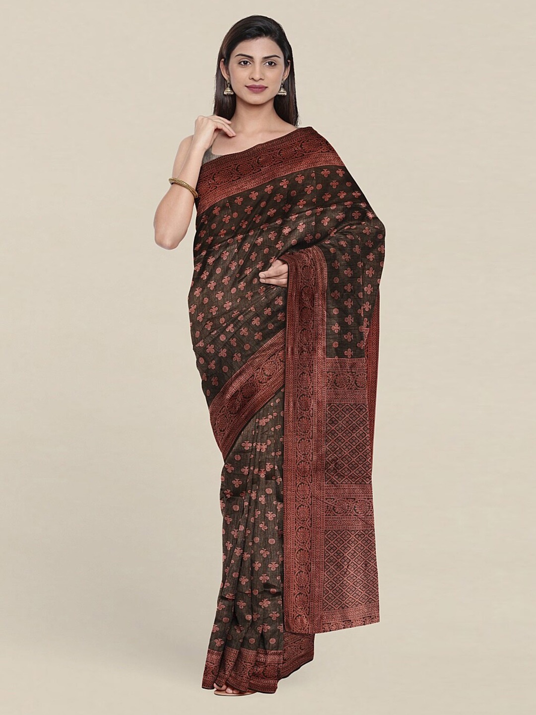 

Pothys Brown & Copper-Toned Floral Printed Saree