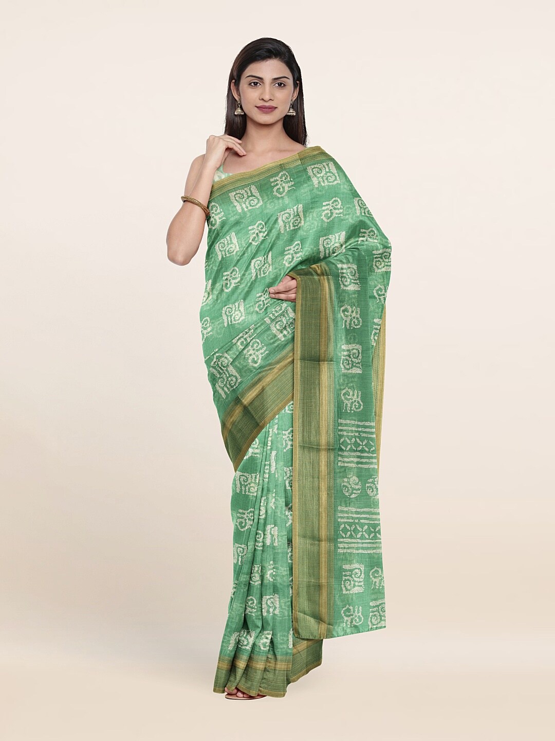 

Pothys Sea Green & White Ethnic Motifs Zari Saree