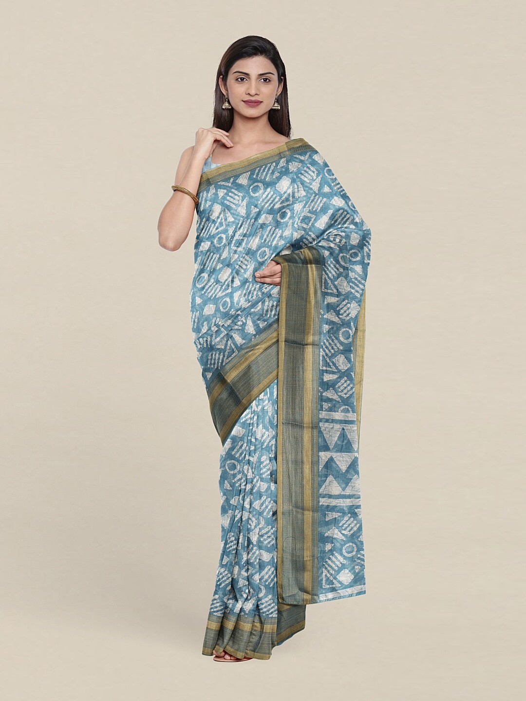 

Pothys Blue & White Zari Printed Saree