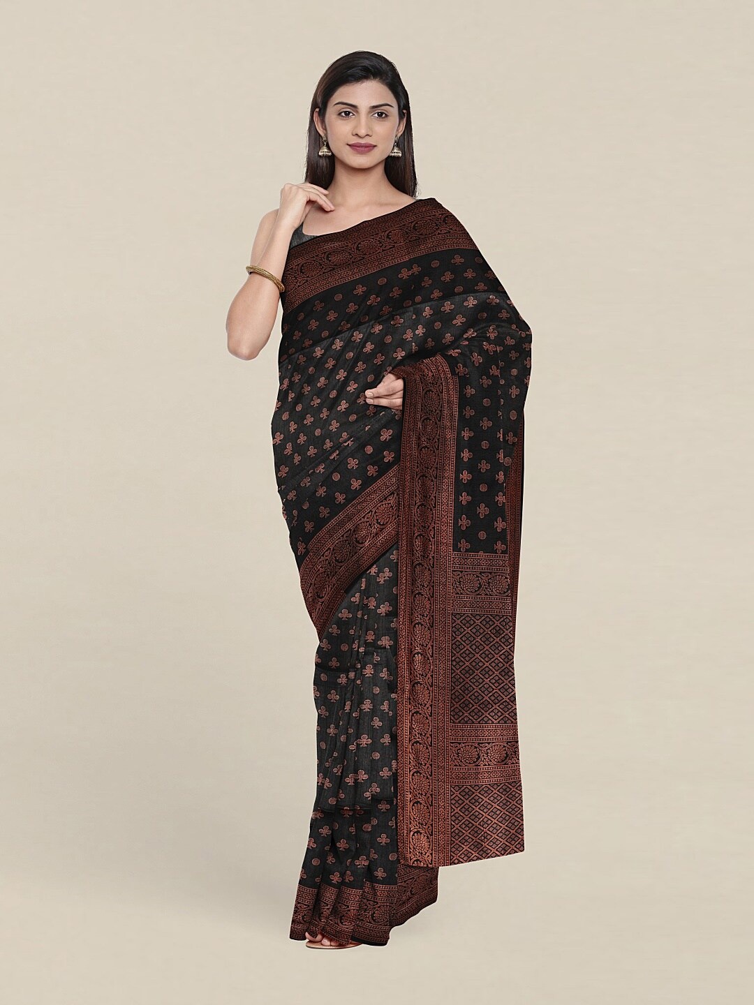 

Pothys Black & Copper-Toned Ethnic Motifs Printed Cotton Blend Saree