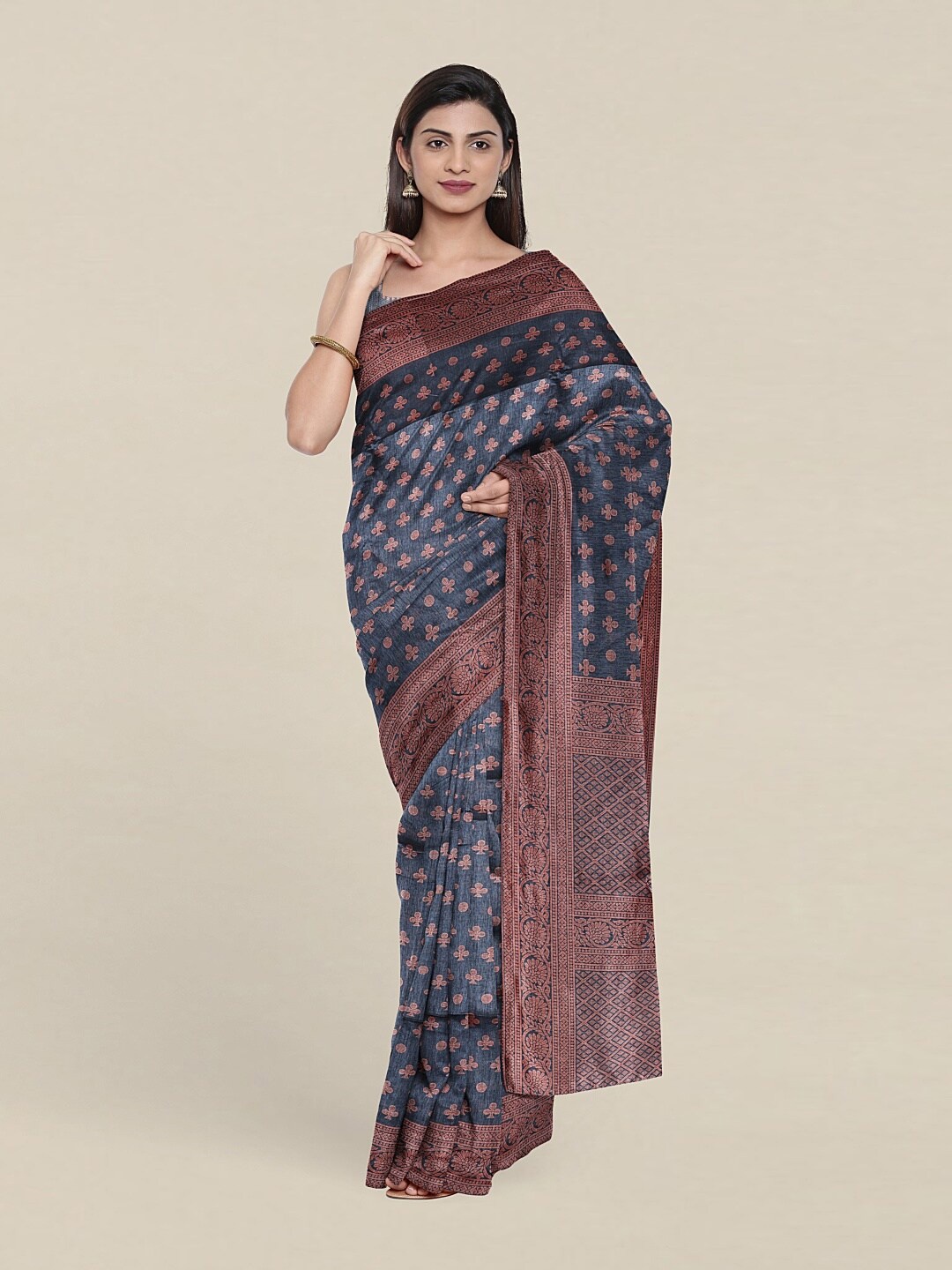 

Pothys Teal & Copper-Toned Ethnic Motifs Printed Cotton Blend Saree