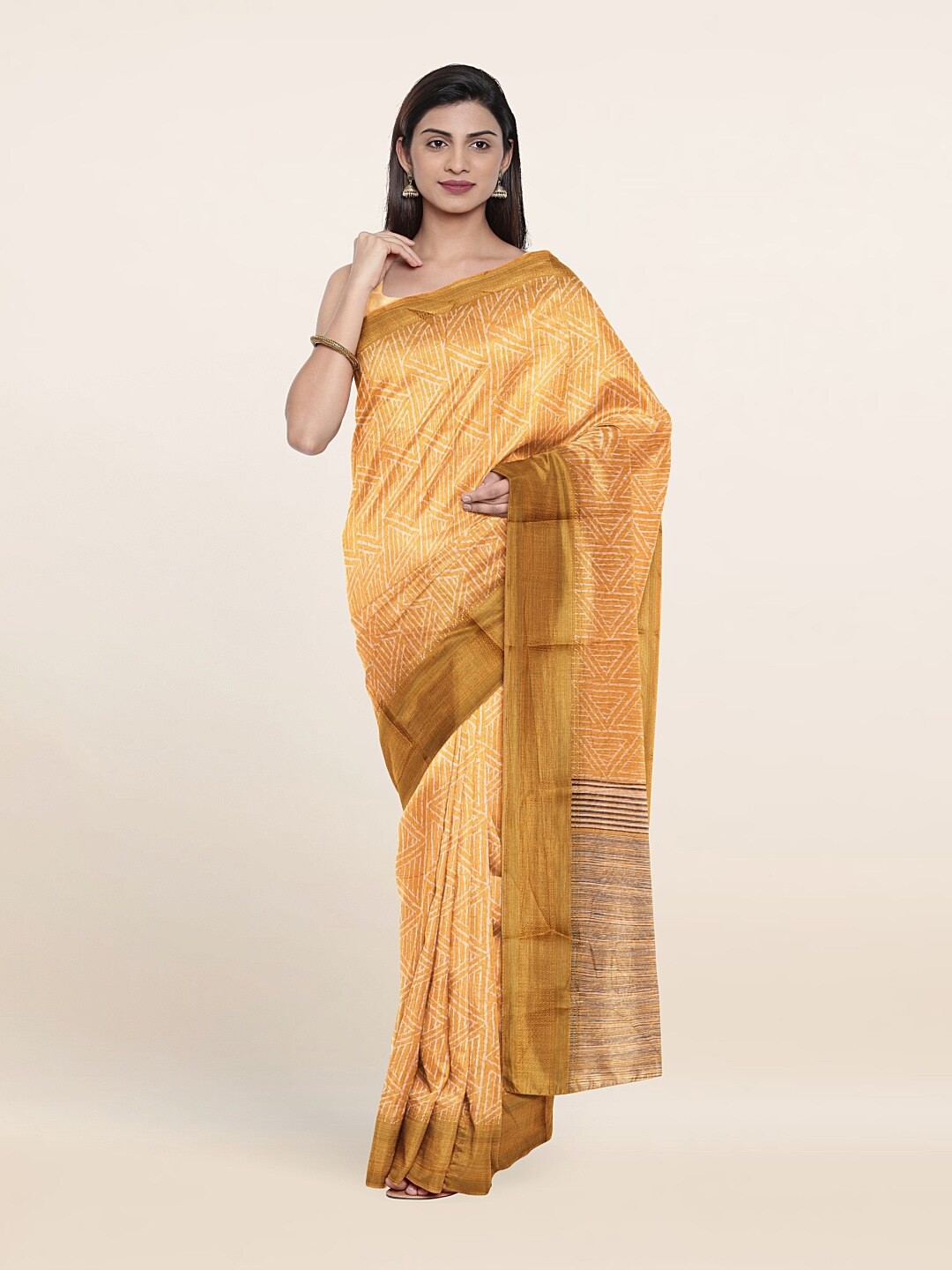 

Pothys Yellow & White Zari Printed Cotton Blend Saree