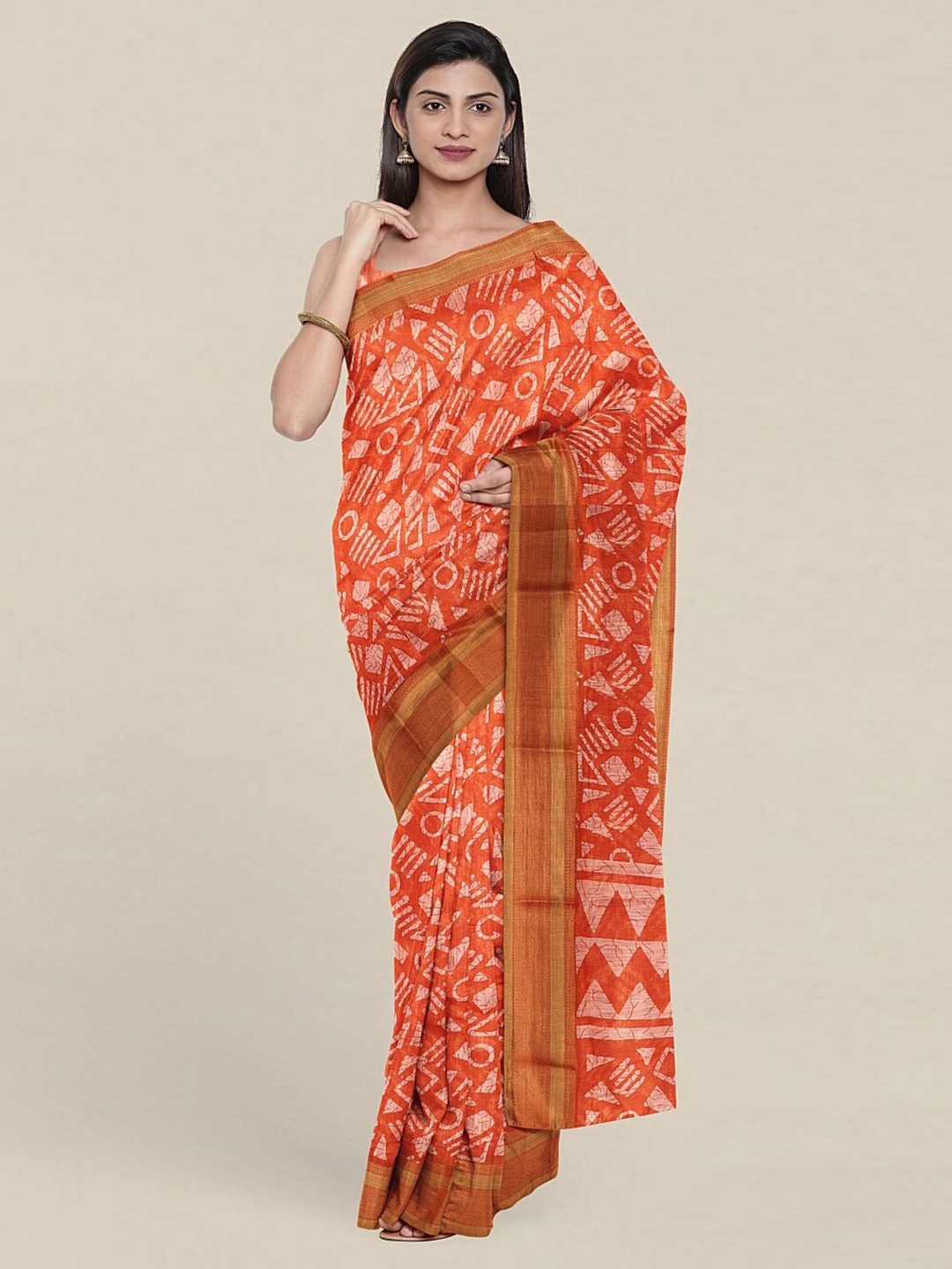 

Pothys Orange & Beige Zari Printed Cotton Blend Saree