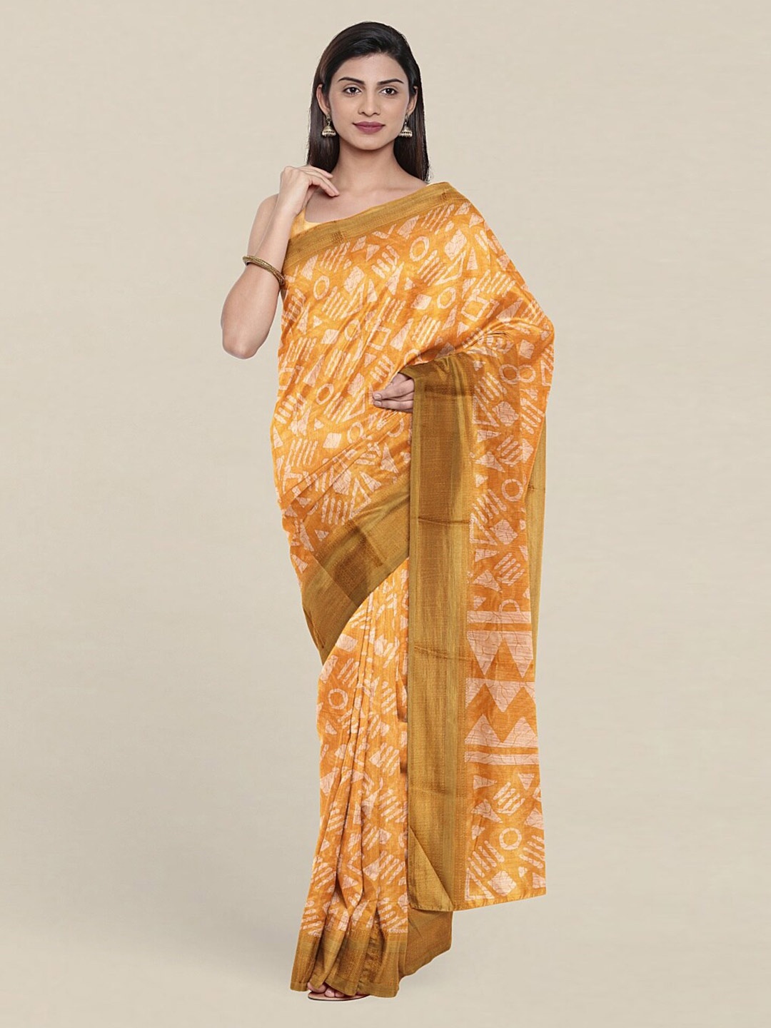 

Pothys Yellow & White Zari Printed Cotton Blend Saree
