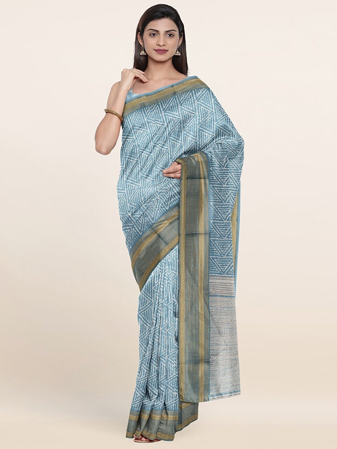 

Pothys Blue & Gold-Toned Zari Printed Cotton Blend Saree