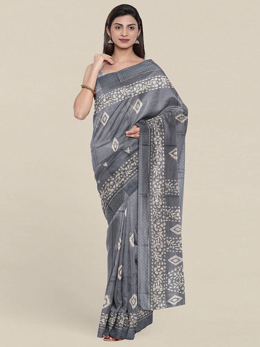 

Pothys Grey & Off White Printed Cotton Blend Saree