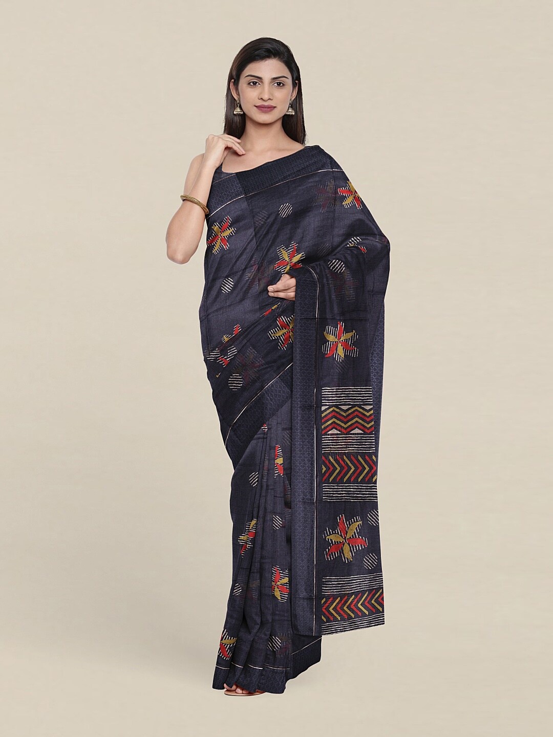 

Pothys Navy Blue & Yellow Floral Printed Saree