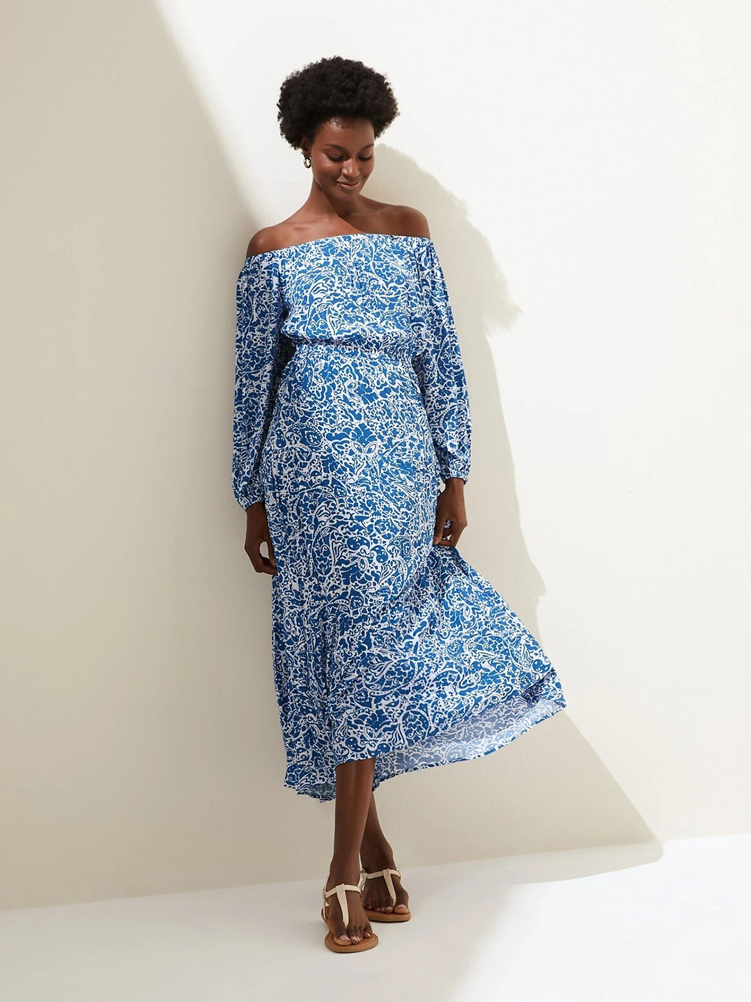

Marks & Spencer Blue & White Ethnic Motifs Off-Shoulder Maxi Dress