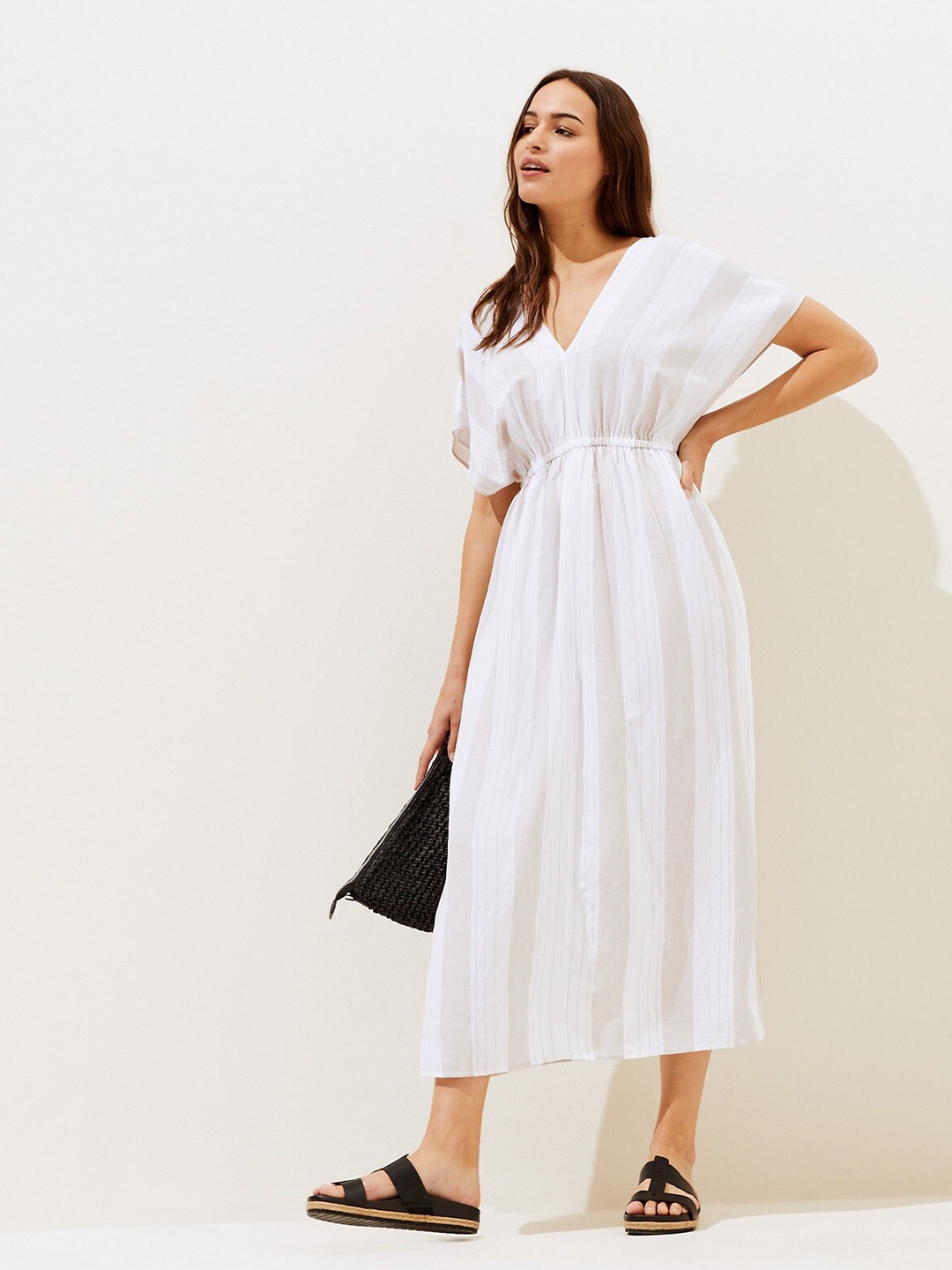 

Marks & Spencer White & Grey Striped A-Line Maxi Dress