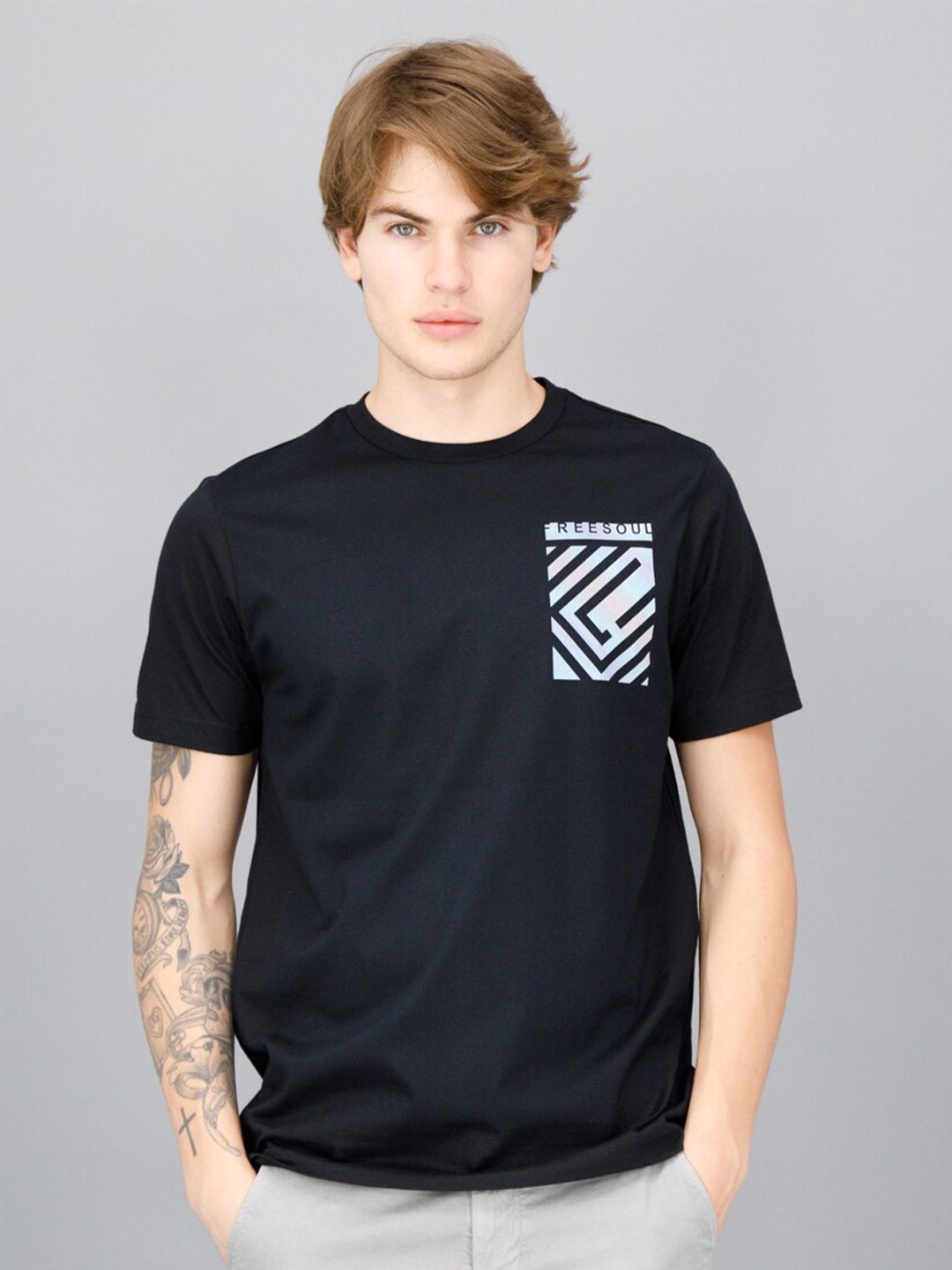 

FREESOUL Men Black Printed Cotton T-shirt