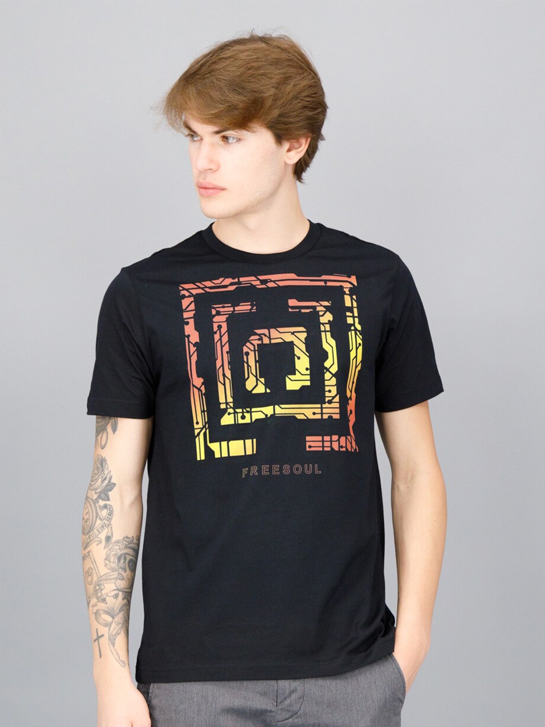 

FREESOUL Men Black Printed Cotton T-shirt