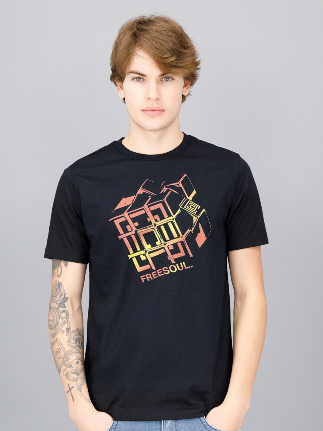 

FREESOUL Men Black Printed Cotton T-shirt