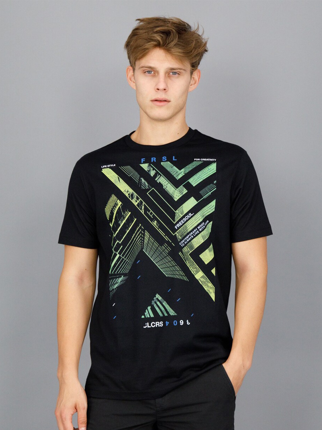 

FREESOUL Men Black Printed Cotton T-shirt