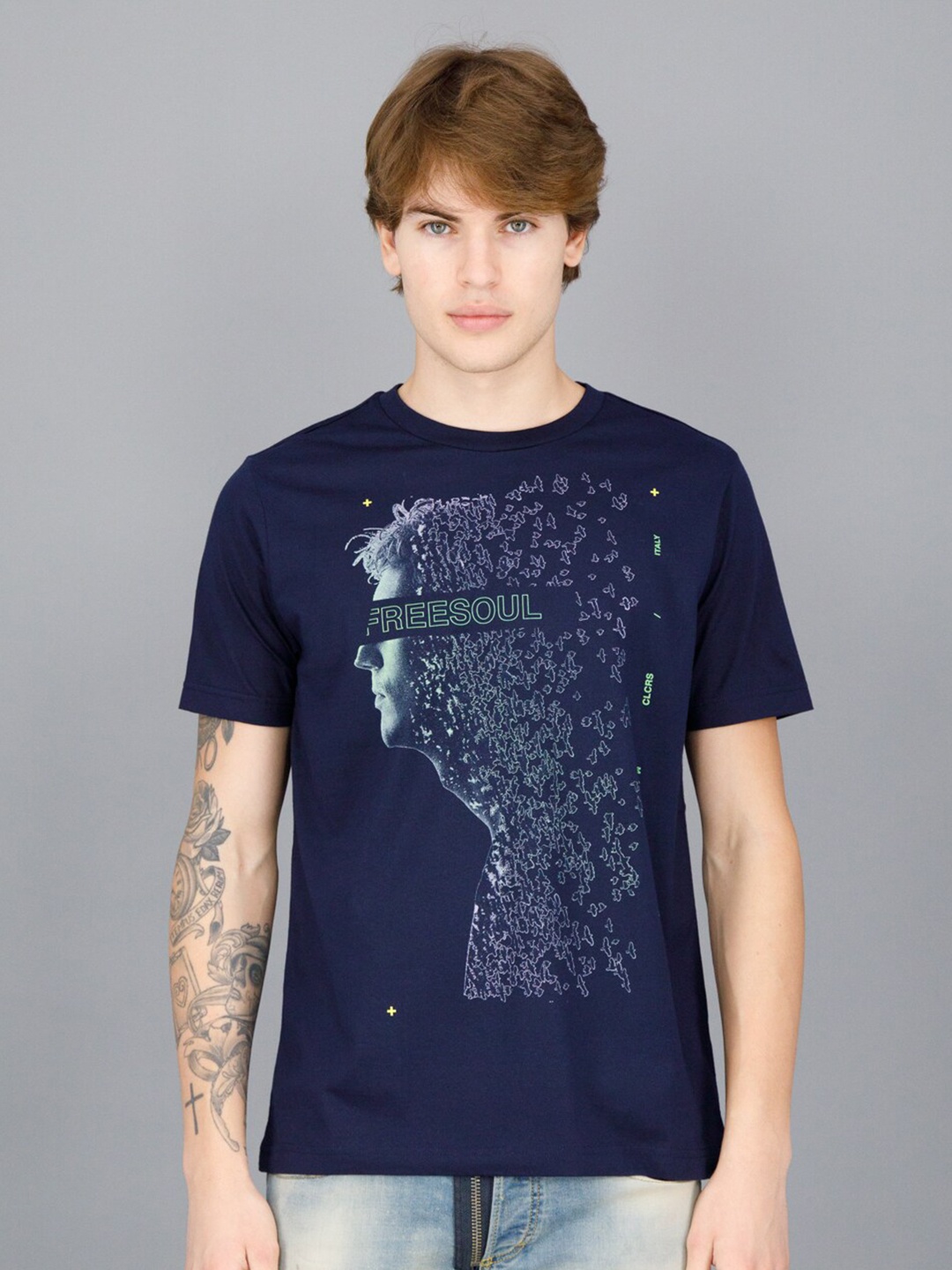 

FREESOUL Men Navy Blue Printed Pure Cotton T-shirt