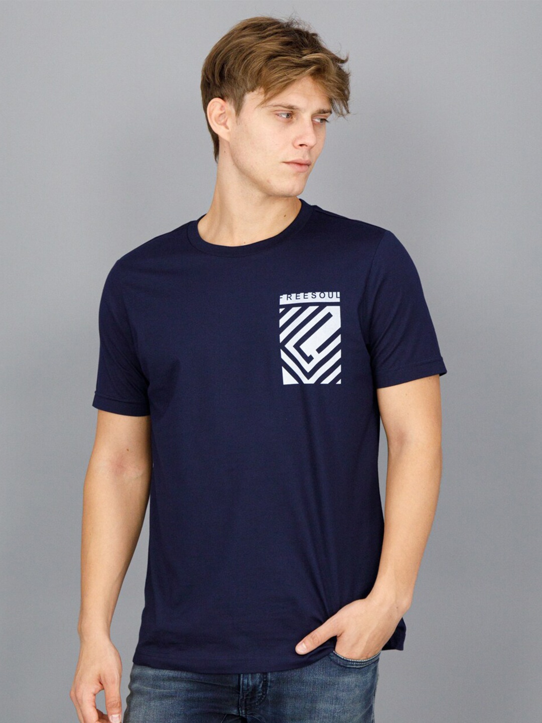 

FREESOUL Men Blue Pure Cotton T-shirt