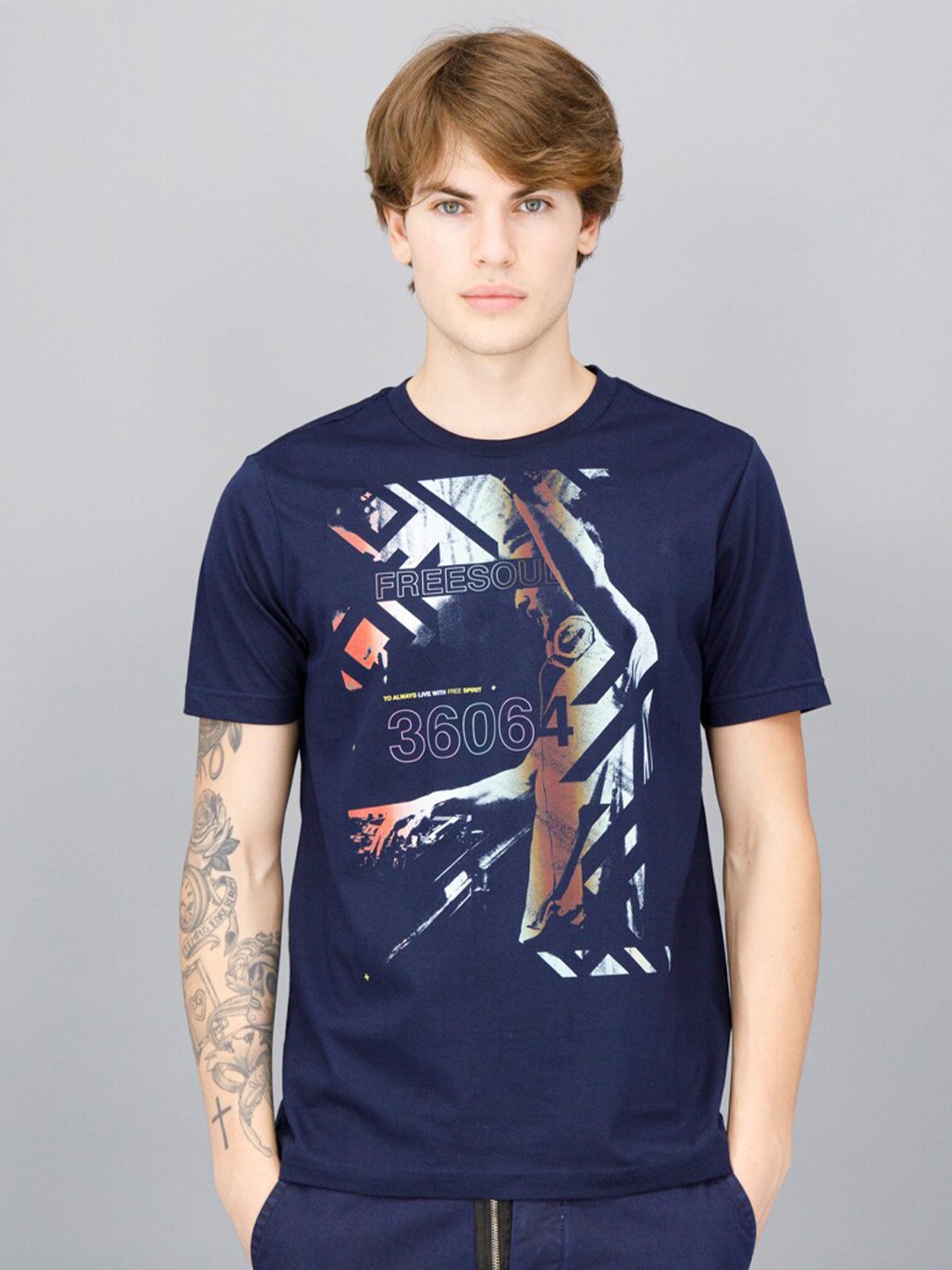

FREESOUL Men Blue Printed Pure Cotton T-shirt