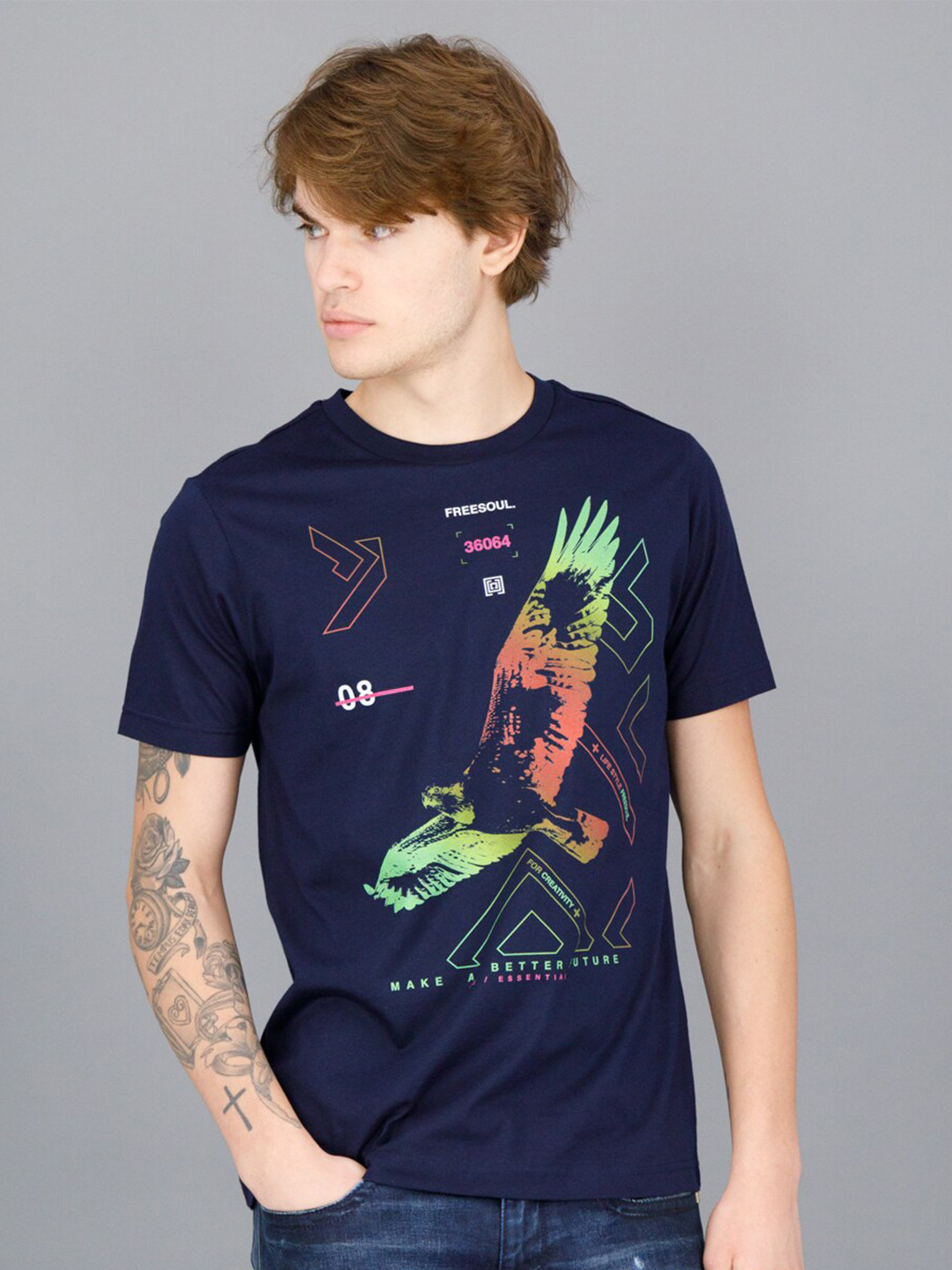 

FREESOUL Men Blue Printed Pure Cotton T-shirt