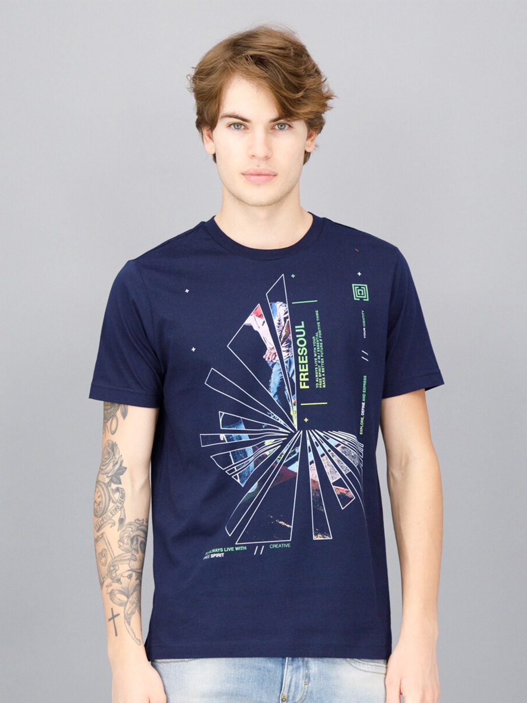 

FREESOUL Men Blue Printed Pure Cotton T-shirt
