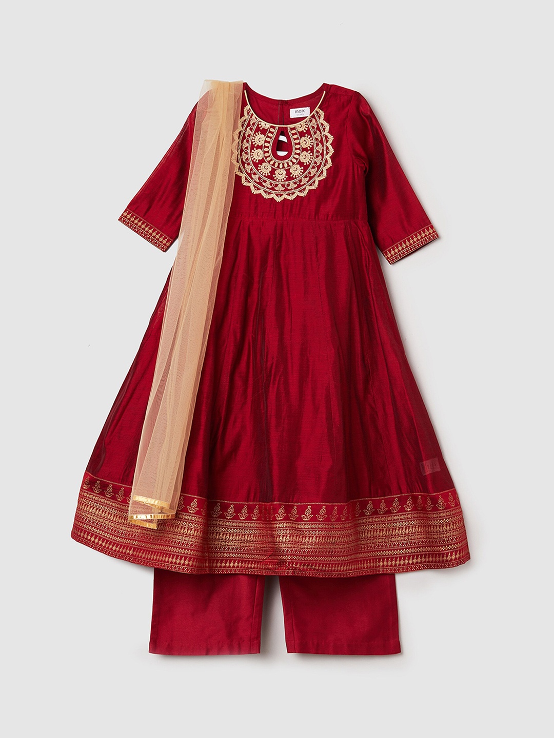 

max Girls Red Embroidered Empire Thread Work Kurta with Trousers & With Dupatta