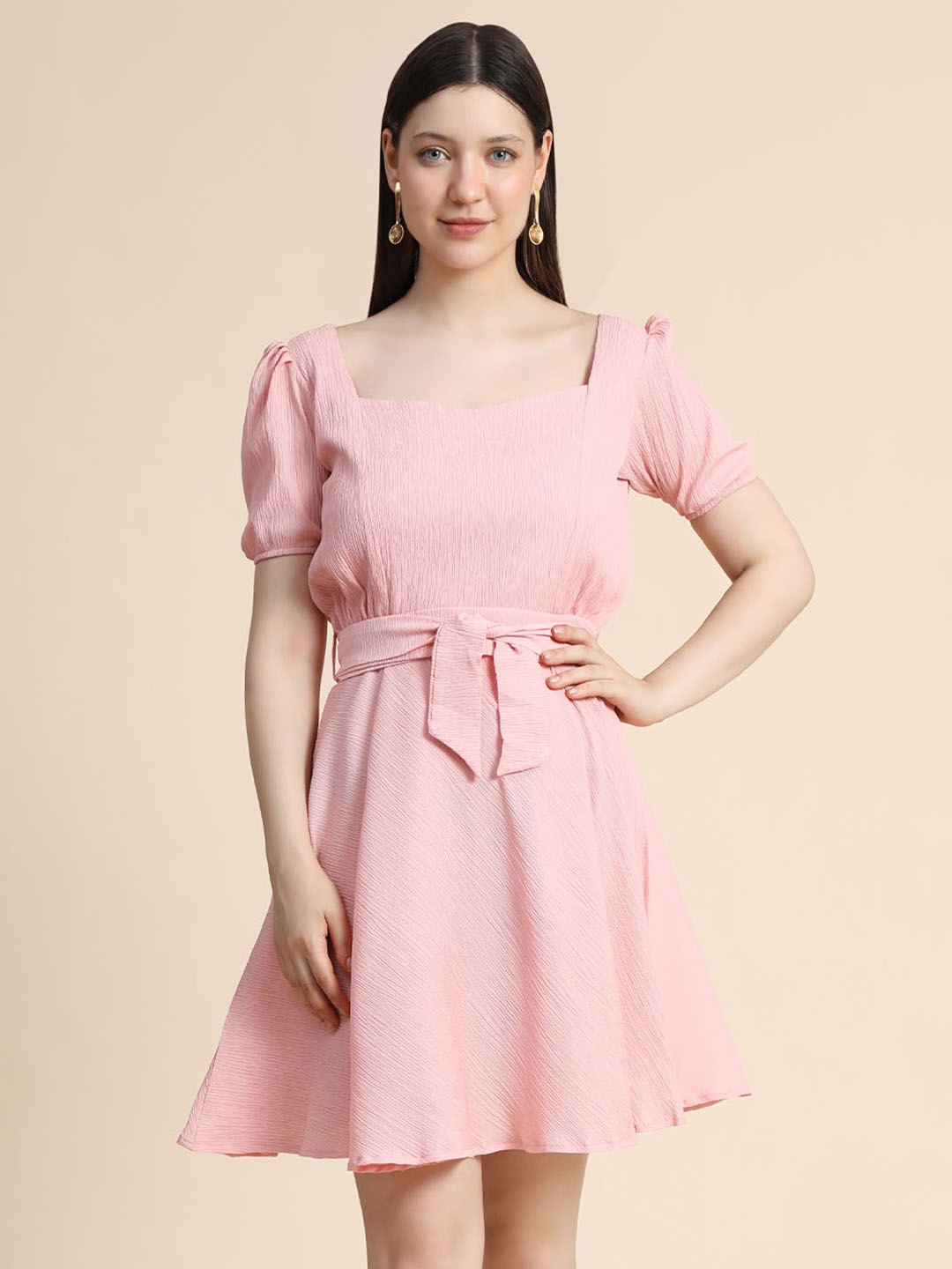 

KERI PERRY Women Square Neck Belted Fit & Flare Mini Dress, Peach