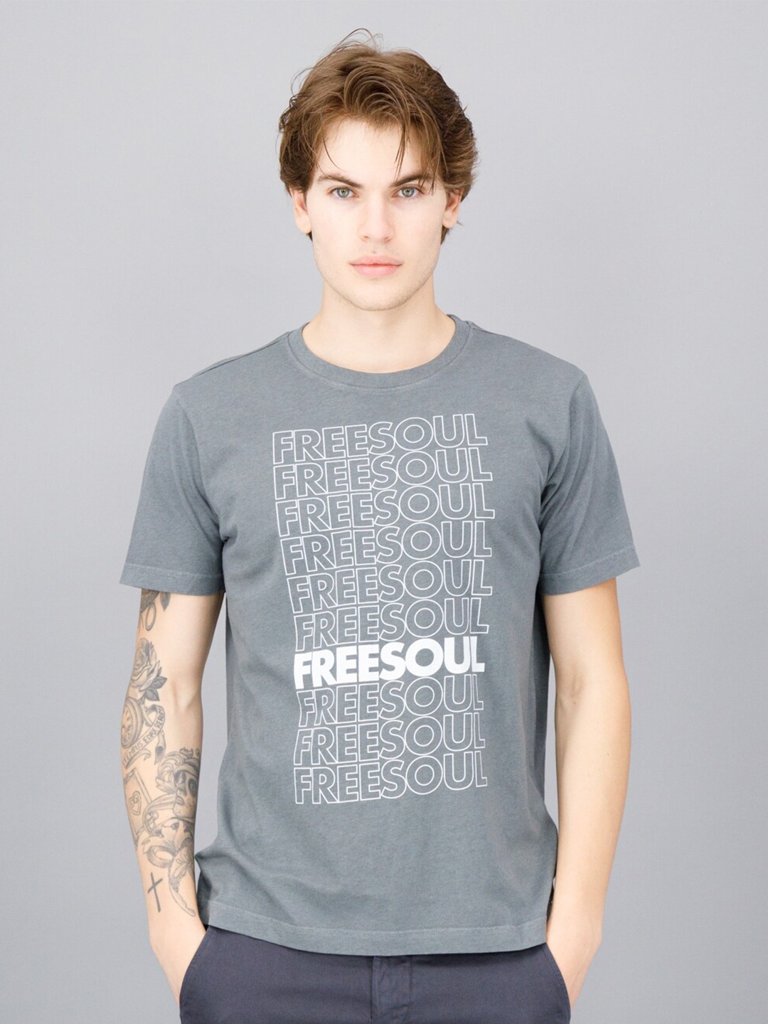 

FREESOUL Men Typography Printed Raw Edge T-shirt, Grey