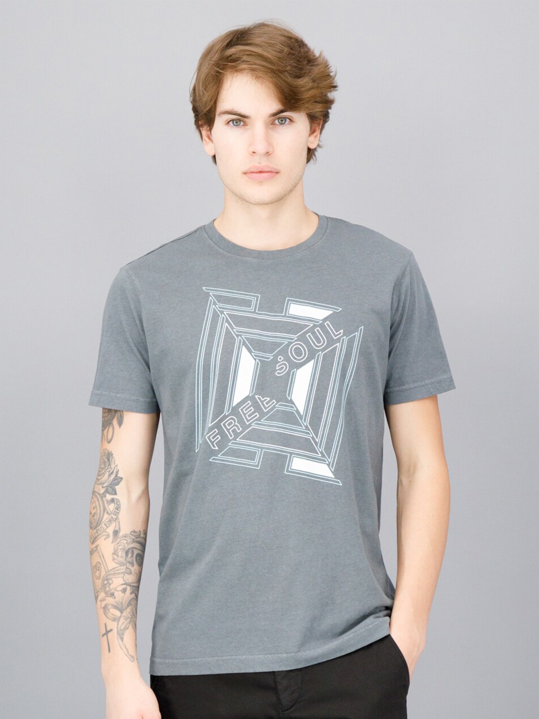 

FREESOUL Men Typography Printed T-shirt, Grey