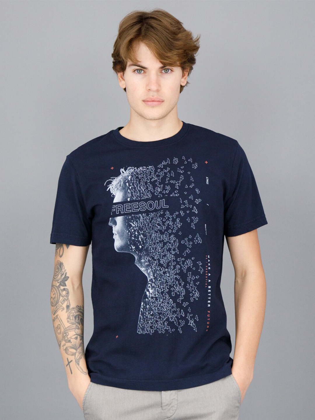 

FREESOUL Men Typography Printed T-shirt, Blue