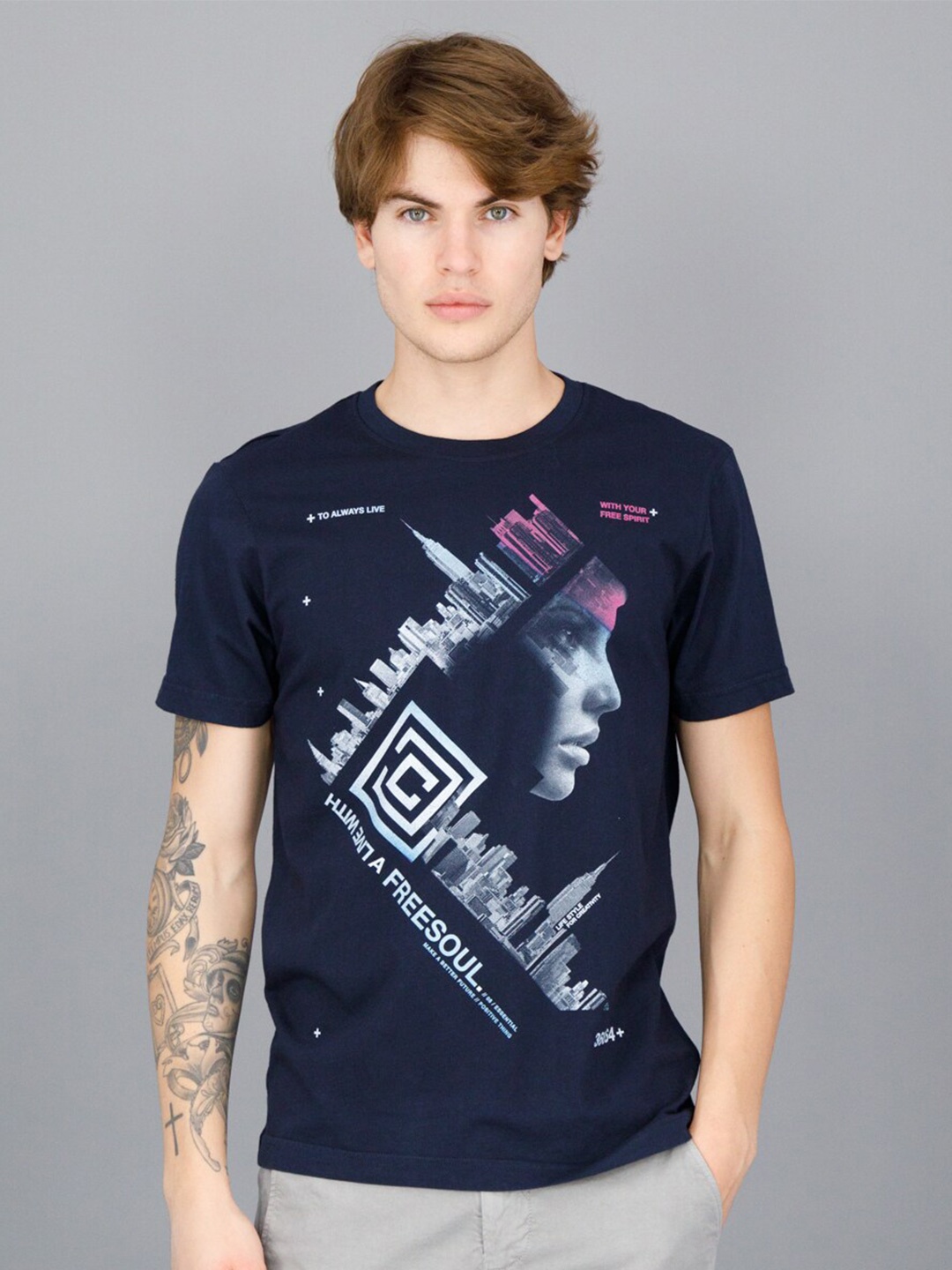 

FREESOUL Men Typography Printed T-shirt, Blue