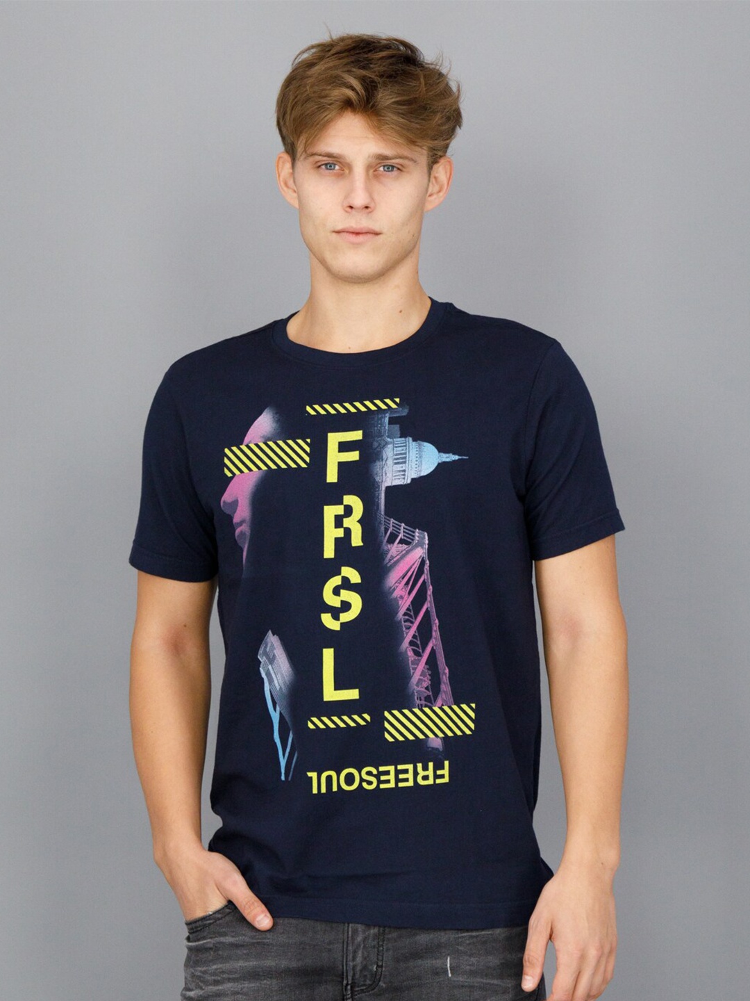 

FREESOUL Men Typography Printed T-shirt, Blue