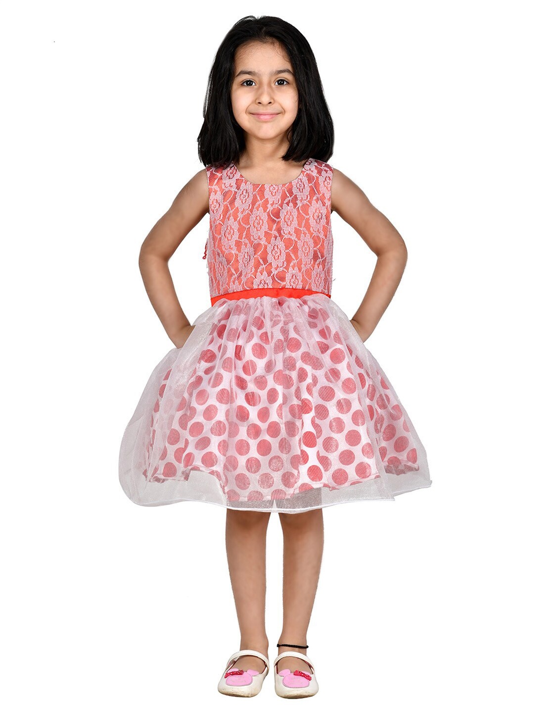 

Samsara Couture Kids Girls Pink And White Polka Dot Print Lace Detail Sleeveless Net Dress