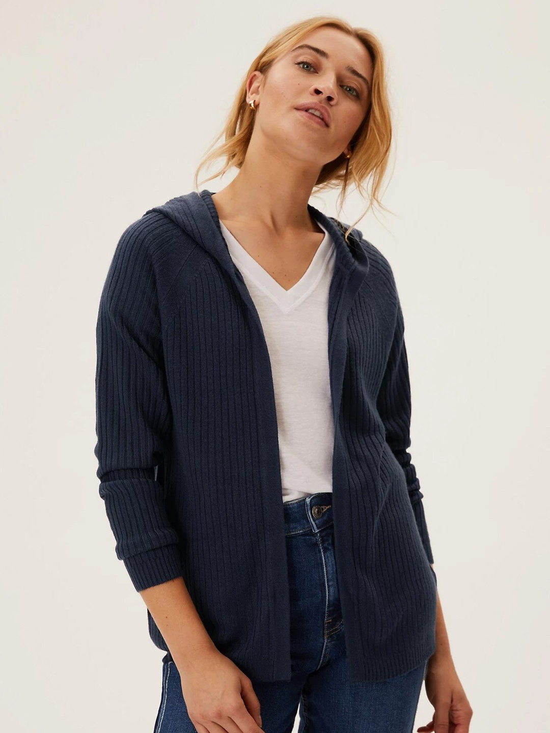 

Marks & Spencer Women Navy Blue Striped Cardigan