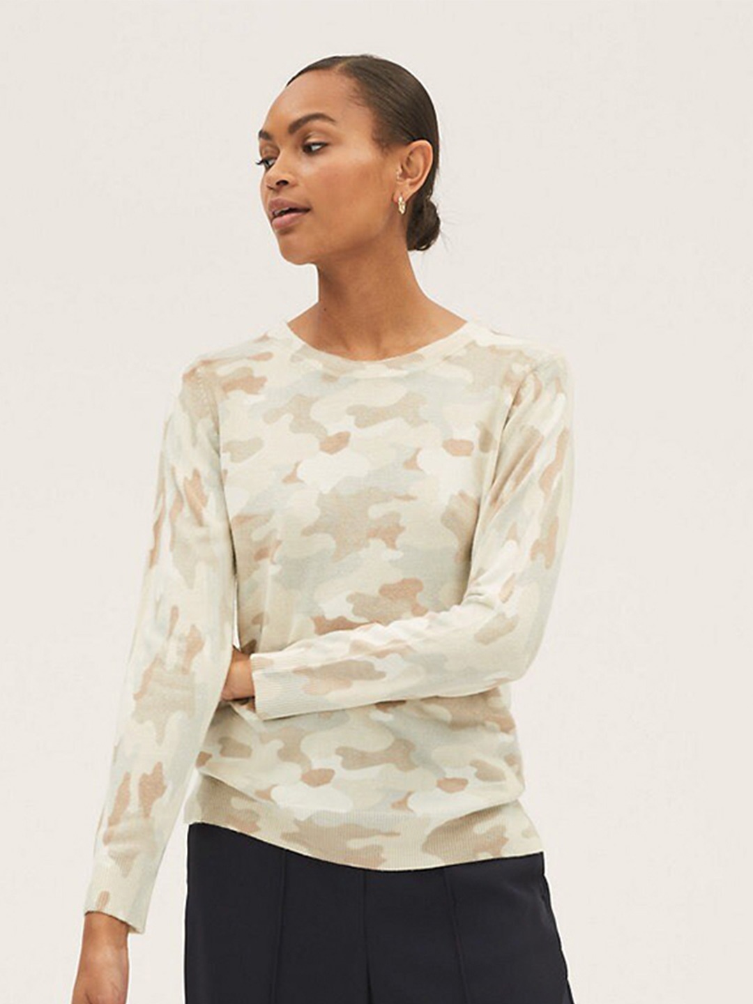 

Marks & Spencer Women Cream-Coloured & Brown Printed Pullover