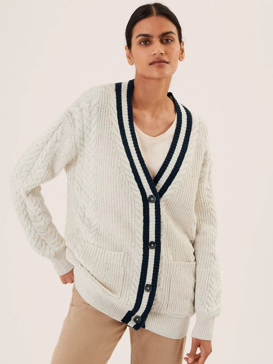 

Marks & Spencer Women Cream-Coloured & Black Cardigan Sweater