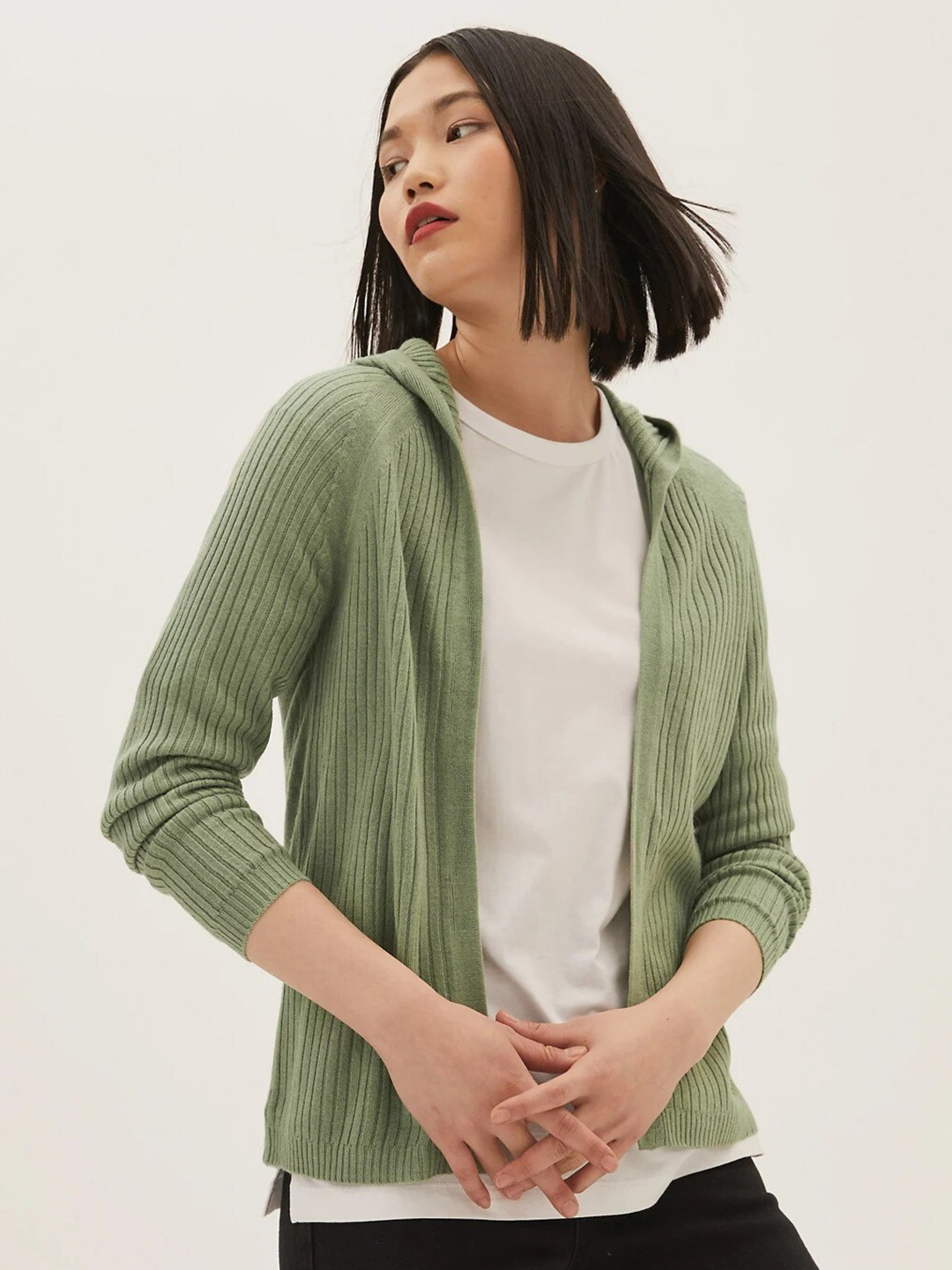 

Marks & Spencer Women Green Striped Cardigan