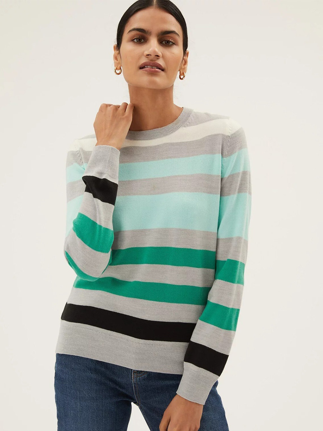 

Marks & Spencer Women Green & Black Striped Pullover