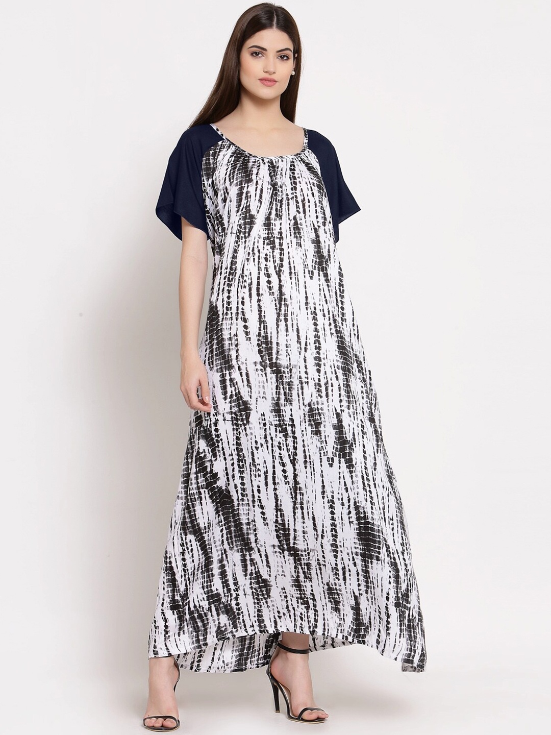 

PATRORNA Navy Blue Printed Maxi Nightdress